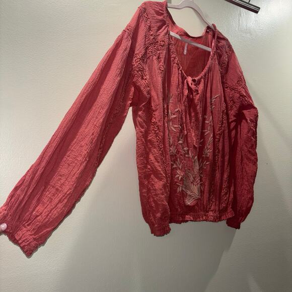 Free People Boho Long Sleeve Blouse-  Maria Lace Embroidered Terracotta- Large - Picture 9 of 15
